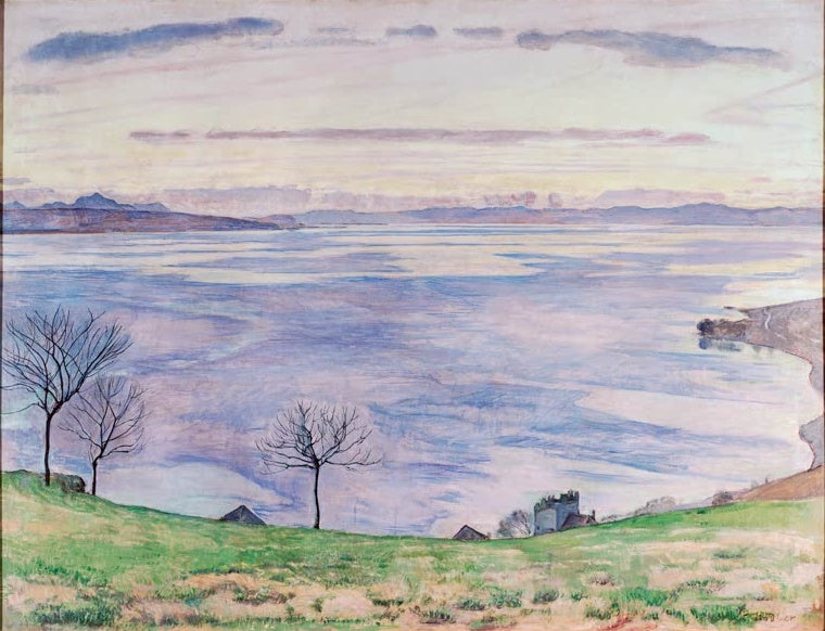 Ferdinand Hodler Abend am Genfersee Kunstkopie, violett schimmernde Seefläche mit kahlen Bäumen und fernen Bergen