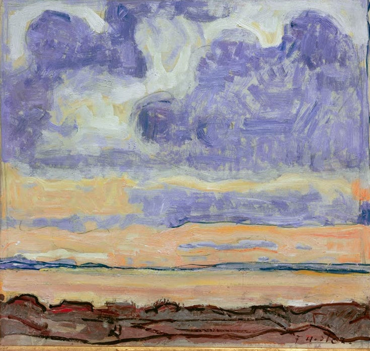 Ferdinand Hodler Abendhimmel am Genfer See Kunstkopie, große violette Wolken über orangegelbem Abendlicht und dunklem Ufer