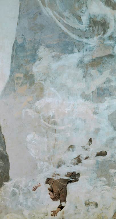 Ferdinand Hodler Absturz II Kunstkopie, kopfüber stürzende Gestalt in Schnee und Nebel zwischen herabfallenden Steinen