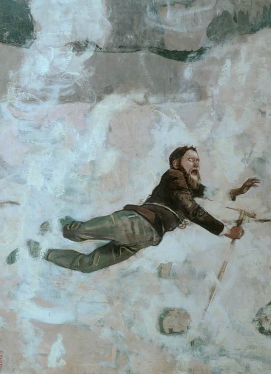 Ferdinand Hodler Absturz III Kunstkopie, ein bärtiger Bergsteiger stürzt mit aufgerissenem Mund durch helles Weiß