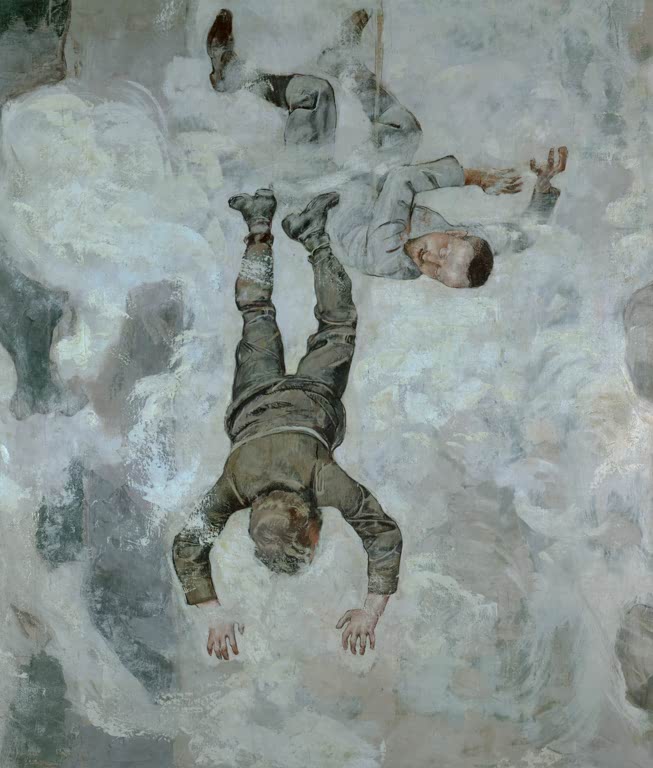 Ferdinand Hodler Absturz IV Kunstkopie, zwei stürzende Bergsteiger kopfüber in einem wolkigen Grau
