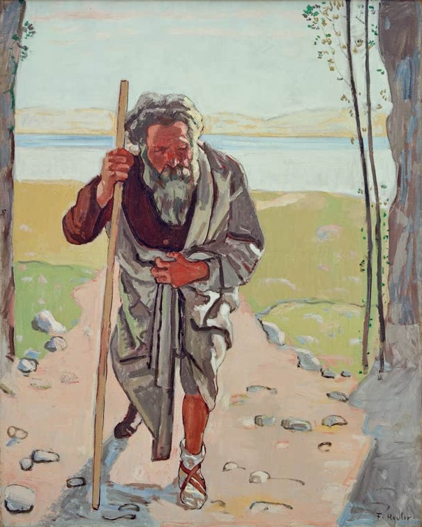 Ferdinand Hodler Ahasver Kunstkopie, bärtiger Wanderer im grauen Mantel mit Stab auf einem steinigen Weg