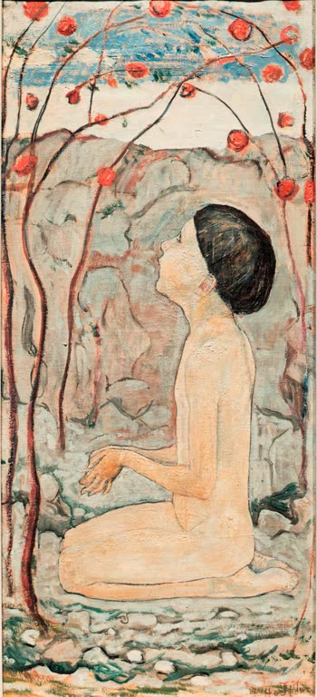 Ferdinand Hodler Anbetung III Kunstkopie, kniender Knabe im Profil unter einem Bogen aus Zweigen mit roten Früchten