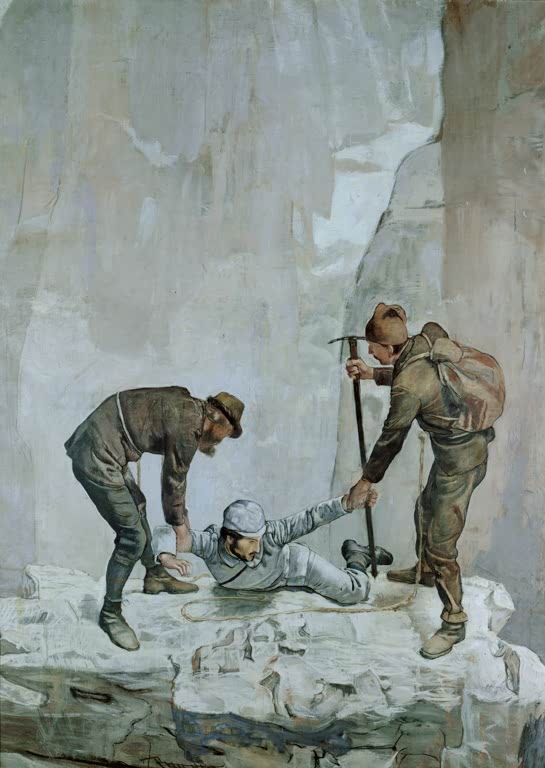 Ferdinand Hodler Aufstieg I Kunstkopie, zwei Bergsteiger ziehen einen dritten auf ein Felsband, dahinter eine helle Wand