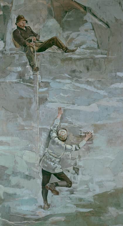 Ferdinand Hodler Aufstieg II Kunstkopie, ein Bergsteiger klettert am Seil eine Felswand hinauf, über ihm sichert ein zweiter