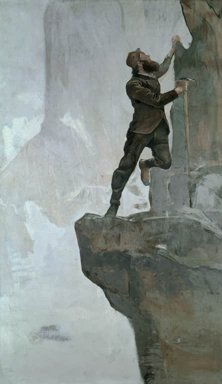 Ferdinand Hodler Aufstieg III Kunstkopie, Bergsteiger mit Pickel steht auf einem Felsvorsprung vor nebligem Grau