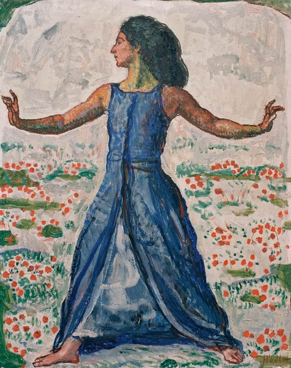 Ferdinand Hodler Ausschreitende Frau Kunstkopie, Frau in blauem Gewand mit ausgebreiteten Armen vor roten Blüten