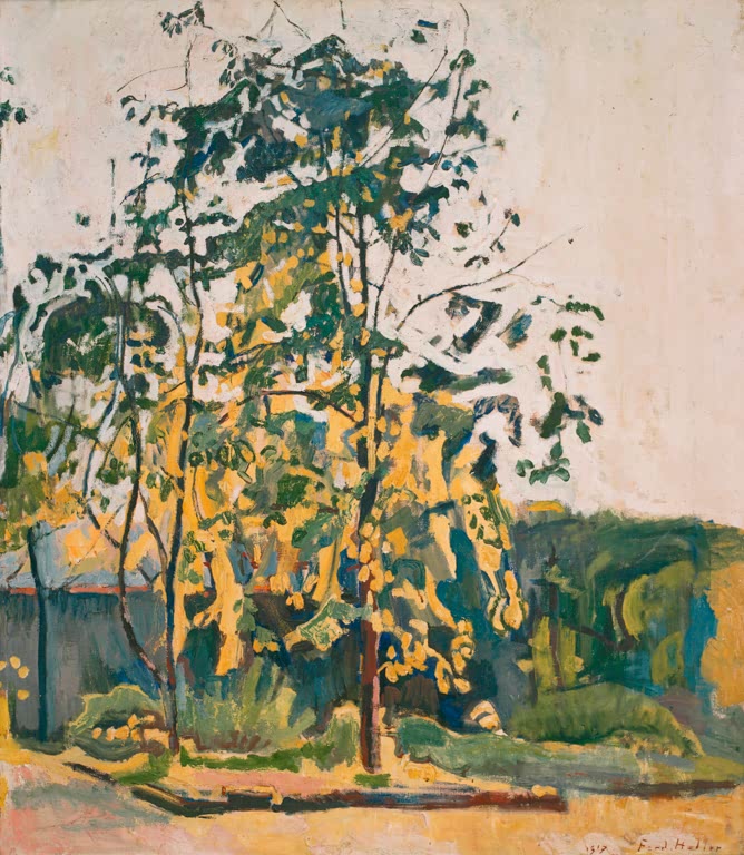 Schlanke Bäume mit gelbem Laub vor einer grauen Mauer – Ferdinand Hodler Bäume im Ateliergarten Kunstkopie