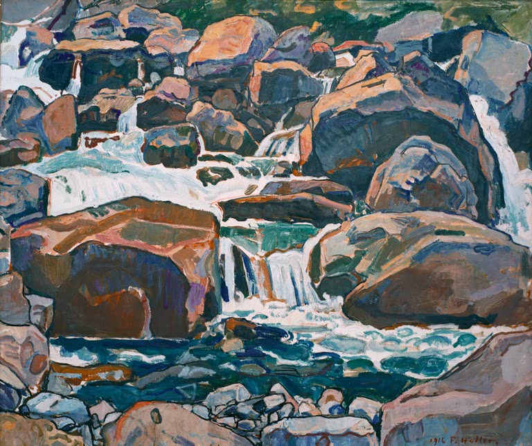 Wasserfall zwischen großen Felsblöcken in Rosa, Braun und Blau – Ferdinand Hodler Bergbach bei Champéry Kunstkopie