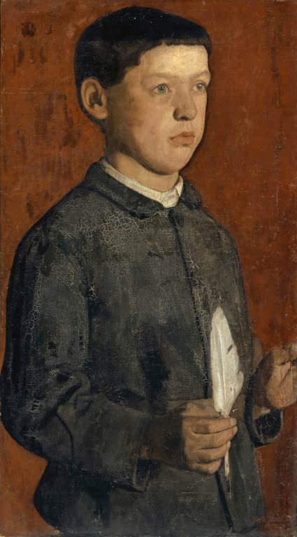 Ferdinand Hodler Bildnis August Hodler Kunstkopie, Junge im grauen Kittel mit weißer Feder vor rotbraunem Hintergrund