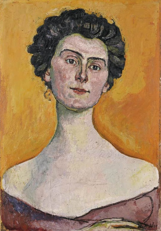 Ferdinand Hodler Bildnis Clara Pasche-Battié Kunstkopie, Brustbild einer jungen Frau vor orangegelbem Hintergrund