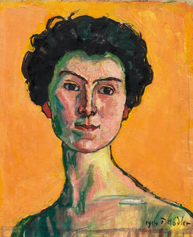 Ferdinand Hodler Bildnis Clara Pasche-Battié Kunstkopie, Frau mit dunklem Haar und grünlichem Gesicht vor orangem Grund