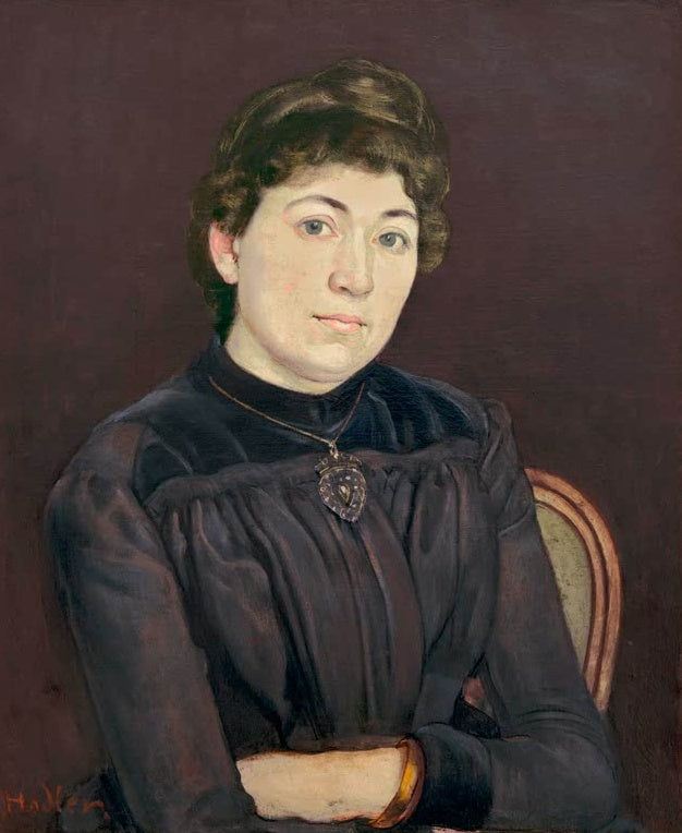 Ferdinand Hodler Bildnis einer jungen Frau Kunstkopie, Porträt einer Frau in dunklem Kleid mit Anhänger vor braunem Grund