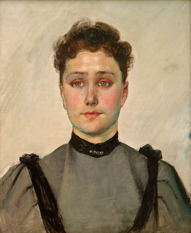 Ferdinand Hodler Bildnis einer jungen Frau Kunstkopie, Brustbild mit lockigem Haar und grauem Kleid mit schwarzem Kragen