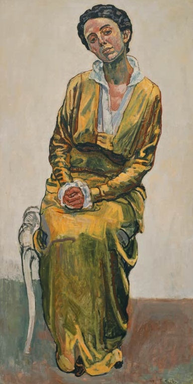 Ferdinand Hodler Bildnis Emma Schmidt-Müller Kunstkopie, sitzende Frau in gelbem Kleid mit gefalteten Händen vor hellem Grund