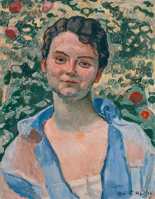 Ferdinand Hodler Bildnis Erica Peters-Schmidt Kunstkopie, junge Frau in blauer Bluse vor grünem Laub mit roten Früchten