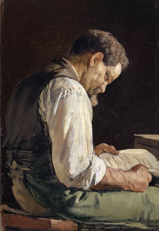 Ferdinand Hodler Bildnis Friedrich Neukomm Kunstkopie, bärtiger Mann im Profil liest in weißem Hemd vor dunklem Hintergrund