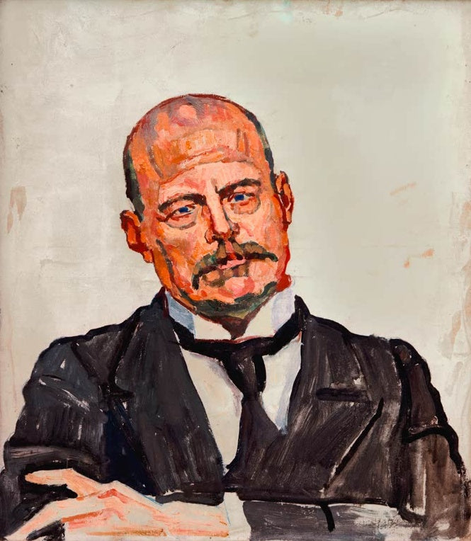 Ferdinand Hodler Bildnis Georges Navazza Kunstkopie, kahlköpfiger Mann mit Schnurrbart und dunklem Anzug in Orangetönen