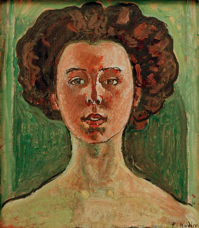 Ferdinand Hodler Bildnis Gertrud Müller Brustbild Kunstkopie, junge Frau mit rotbraunem Haar vor grünem Hintergrund