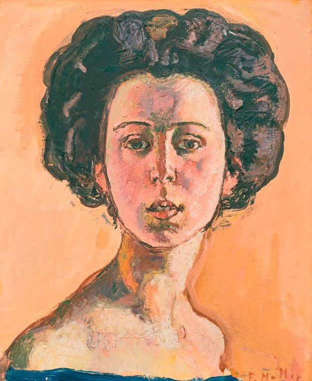 Ferdinand Hodler Bildnis Gertrud Müller frontal Kunstkopie, Frau mit hochgestecktem Haar vor warmem orangefarbenem Grund