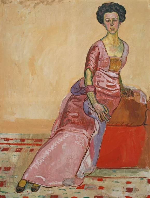 Ferdinand Hodler Bildnis Gertrud Müller Ganzfigur Kunstkopie, Frau im rosa Kleid vor ockerfarbenem Grund und rotem Polster