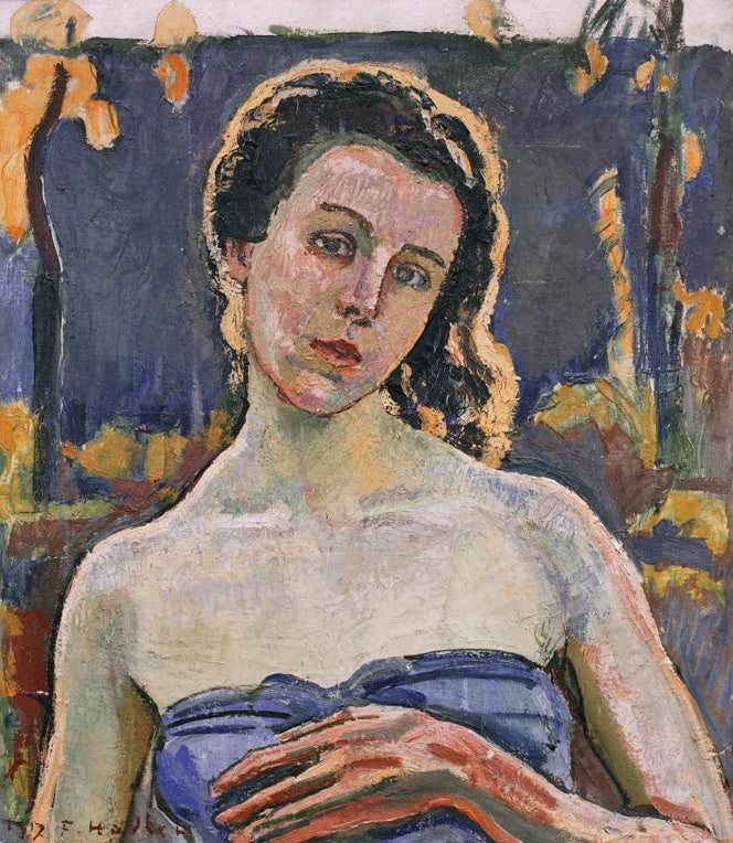 Ferdinand Hodler Bildnis Gertrud Müller im Garten Kunstkopie, junge Frau mit dunklem Haar und blauem Tuch, violetter Grund