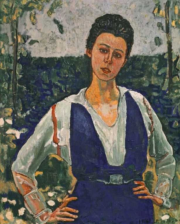 Ferdinand Hodler Bildnis Gertrud Müller im Garten Kunstkopie, junge Frau in weißer Bluse und blauem Kleid, Hände in der Hüfte