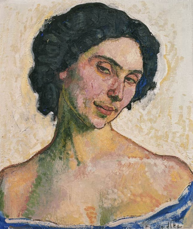 Ferdinand Hodler Bildnis Giulia Leonardi Kunstkopie, Frau mit dunklem Haar und geneigtem Kopf, Schultern in warmen Tönen