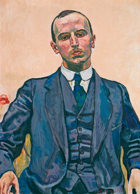 Ferdinand Hodler Bildnis Josef Müller Kunstkopie, junger Mann in dunkelblauem Anzug vor pfirsichfarbenem Grund