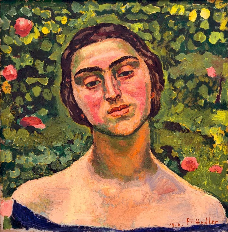 Ferdinand Hodler Bildnis Laetitia Raviola Kunstkopie, junge Frau mit dunklem Haar vor grünem Laub mit rosafarbenen Rosen