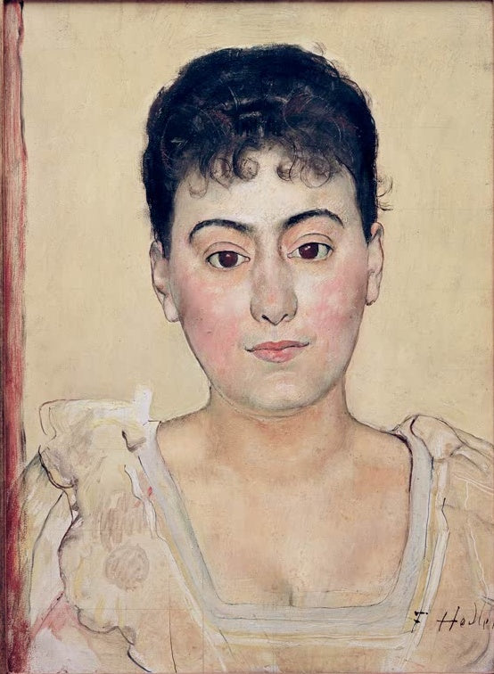 Ferdinand Hodler Bildnis Madame de R. Kunstkopie, Porträt einer jungen Frau mit dunklem Lockenhaar vor hellem Grund
