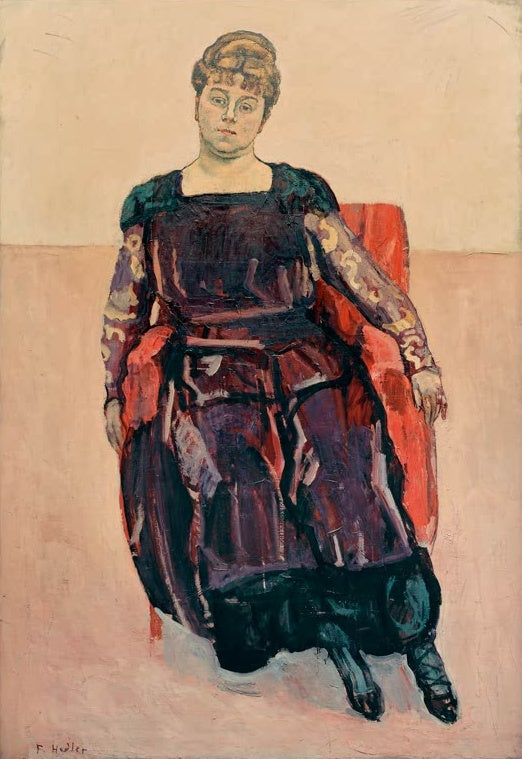 Ferdinand Hodler Bildnis Madame Russ-Young Kunstkopie, sitzende Frau in dunklem violettem Kleid auf rotem Sessel