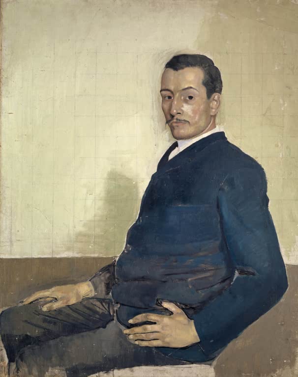 Ferdinand Hodler Bildnis Marc Odier Kunstkopie, sitzender Mann mit Schnurrbart in dunkelblauer Jacke