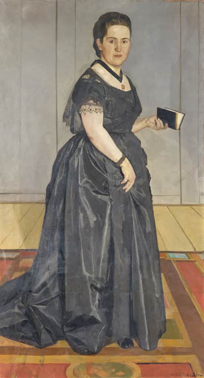Ferdinand Hodler Bildnis Maria Rosa Krebs-Schüpbach Kunstkopie, stehende Frau in dunklem Seidenkleid mit Buch