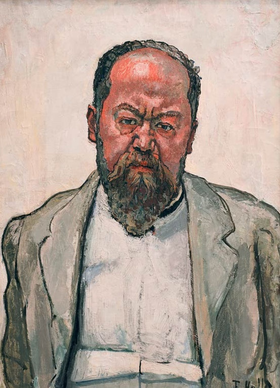 Ferdinand Hodler Bildnis Matthias Morhardt Kunstkopie, bärtiger Mann in heller Jacke mit strengem Blick vor hellem Grund
