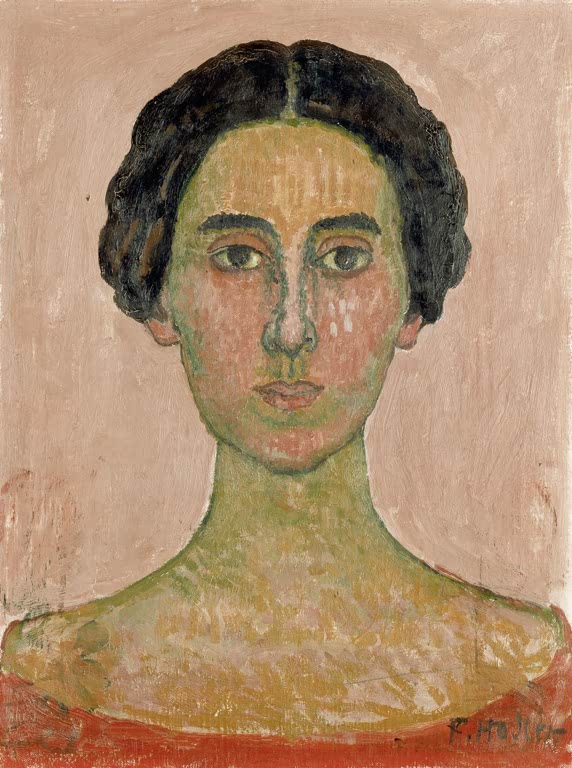 Ferdinand Hodler Bildnis Valentine Godé-Darel Kunstkopie, frontales Porträt einer jungen Frau mit dunklem Haar vor rosa Grund