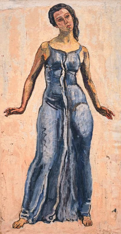 Ferdinand Hodler Blick in die Unendlichkeit Kunstkopie, Frau in blauem Gewand mit ausgebreiteten Armen vor hellem Grund