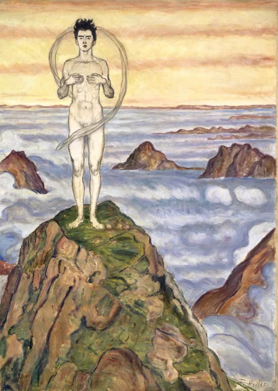 Ferdinand Hodler Blick in die Unendlichkeit Kunstkopie, nackter Jüngling auf grünem Felsgipfel über einem Wolkenmeer