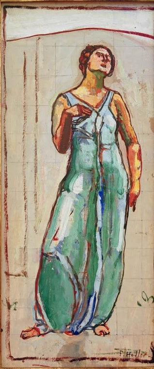Ferdinand Hodler Blick in die Unendlichkeit Studie Kunstkopie, Frau in grünem Gewand mit erhobenem Blick auf Papier