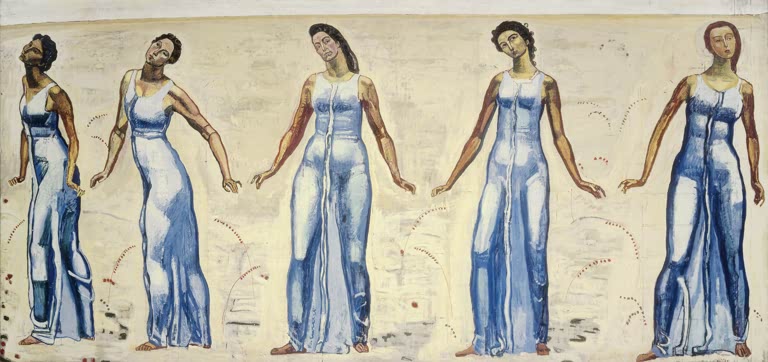 Ferdinand Hodler Blick in die Unendlichkeit Kunstkopie, fünf Frauen in blauen Gewändern mit ausgebreiteten Armen