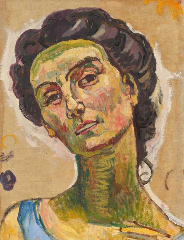 Ferdinand Hodler Blick in die Unendlichkeit Kunstkopie, Kopfstudie einer Frau mit erhobenem Kinn auf ockerfarbenem Grund