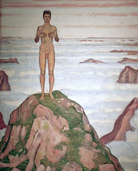Ferdinand Hodler Blick ins Unendliche Kunstkopie, nackter junger Mann auf Felsgipfel über einem Nebelmeer
