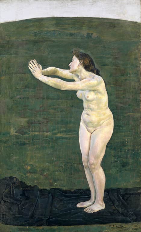 Ferdinand Hodler Das Aufgehen im All Kunstkopie, stehende Frauenfigur mit erhobenen Armen vor grüner Landschaft