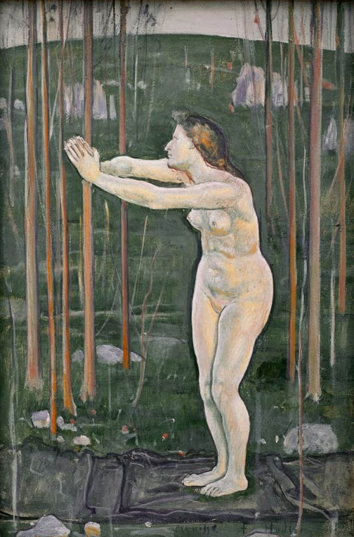 Ferdinand Hodler Das Aufgehen im All Kunstkopie, Frauenakt mit erhobenen Armen zwischen schlanken Baumstämmen