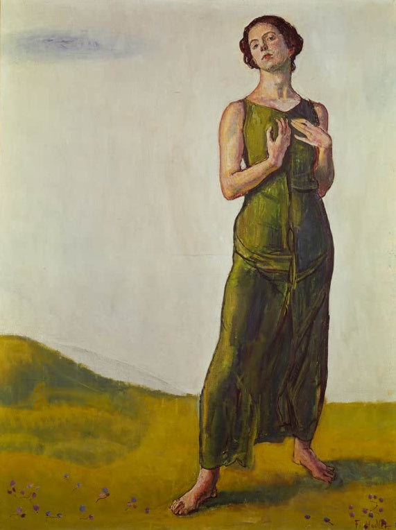 Ferdinand Hodler Das Lied aus der Ferne Kunstkopie, Frau in grünem Kleid mit erhobenem Blick vor hellem Himmel