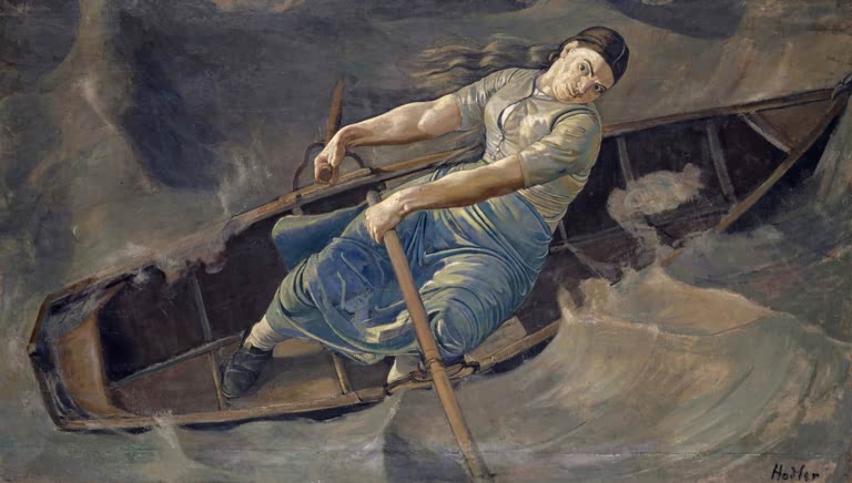 Ferdinand Hodler Das mutige Weib Kunstkopie, kräftige Frau in blauem Rock rudert ein Boot durch aufgewühlte graue Wellen