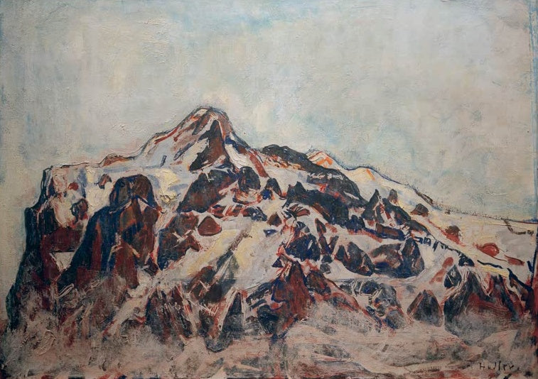 Ferdinand Hodler Das Wetterhorn Kunstkopie, schneebedeckter Gipfel mit rotbraunen Felsen vor blassblauem Himmel