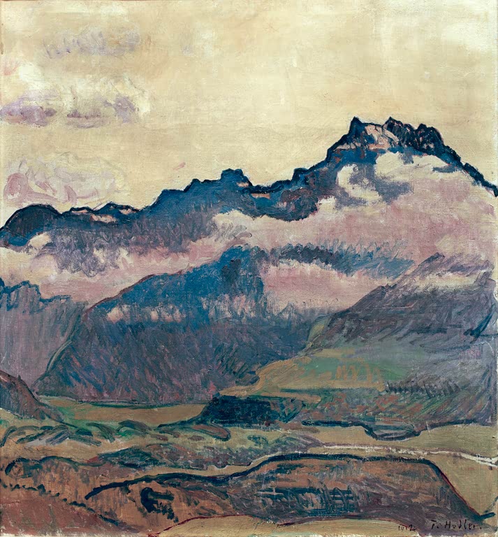 Ferdinand Hodler Dents-du-Midi Kunstkopie, violett und rosa getönte Bergkette unter gelblichem Himmel mit Wolkenbändern