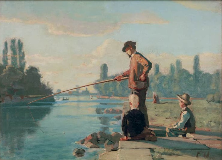 Ferdinand Hodler Der Angler Kunstkopie, Angler mit langer Rute und zwei Jungen an einem ruhigen Fluss bei Sonnenlicht