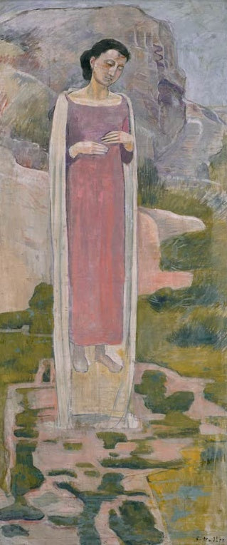 Ferdinand Hodler Der Auserwählte Studie Kunstkopie, schwebende Frau in rosa Kleid mit hellem Umhang vor einer Felslandschaft
